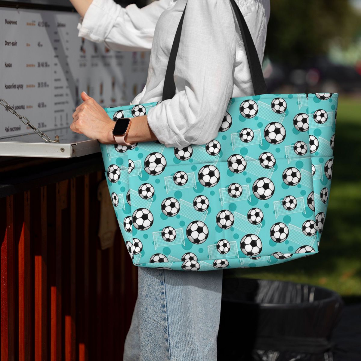 Patrón de balón de fútbol y po - Yoga Fitness Tote reseña y precio